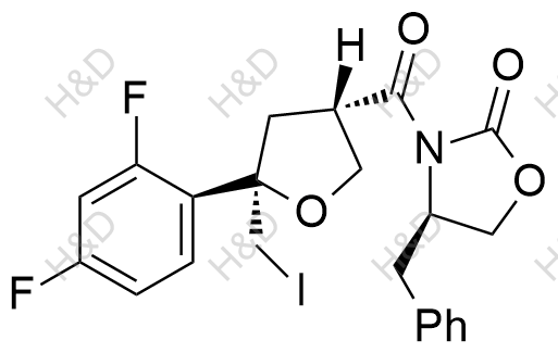 (R)-4-benzyl-3-((3S,5R)-5-(2,4-difluorophenyl)-5-(iodomethyl)tetrahydrofuran-3-carbonyl)oxazolidin-2-one	泊沙康唑杂质22	