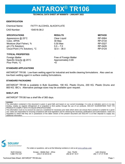 索尔维/世索科TR106常温低泡耐碱润湿渗透乳化剂非离子表活