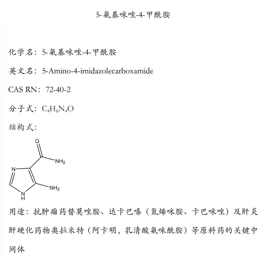 4-氨基-5-咪唑甲酰胺，替莫唑胺、达卡巴嗪及阿卡明等的关键中间体